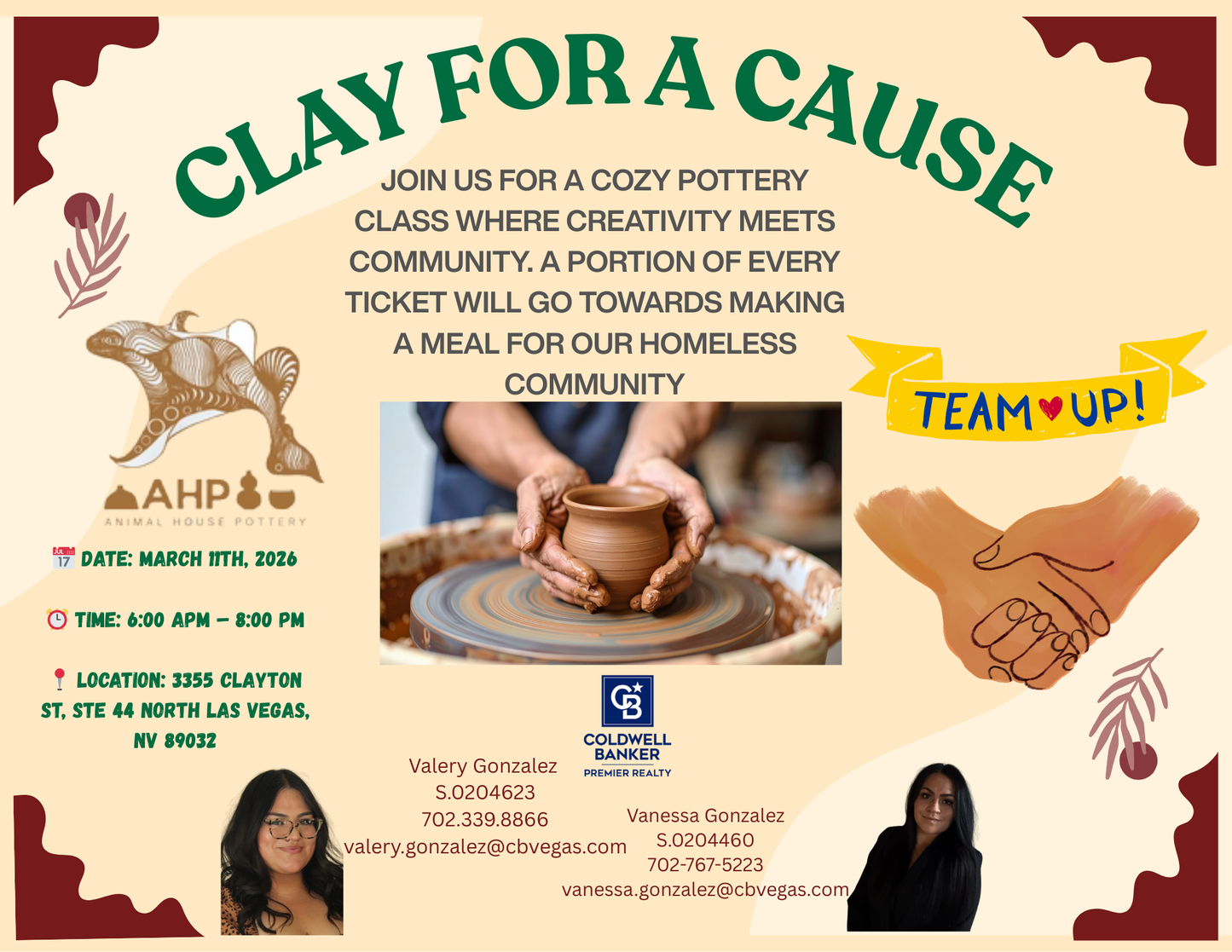 Clay for a Cause:                             DATE:  June 7th, 2026 Wednesday
TIME: 6:00 APM - 8:00 PM
LOCATION: 3355 CLAYTON ST, STE 44 NORTH LAS VEGAS,
NV 89032